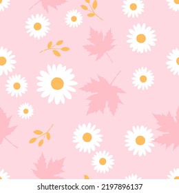 Seamless pattern with daisy flower, maple leaves and branches on pink background vector illustration.