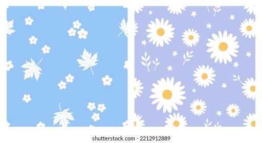 Seamless pattern with daisy flower, maple leaves and branches on blue and purple backgrounds vector illustration.