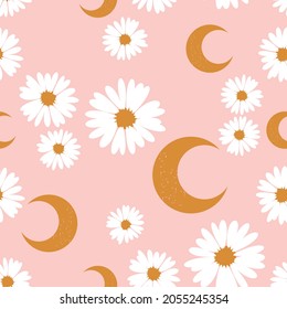 Seamless pattern with daisy flower and moons on pink background vector illustration.