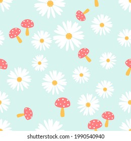 Seamless pattern with daisy flower  and mushroom cartoons on pastel green background vector.