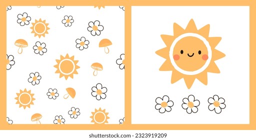 Seamless pattern with daisy flower, mushroom and sun on white background. Sun cartoon icon sign and daisy flower vector illustration.