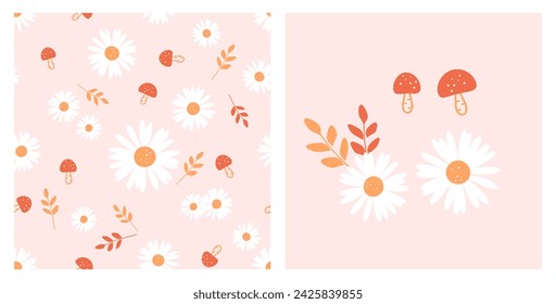 Seamless pattern with daisy flower, mushroom and branch on pink background. Daisy, mushroom and branch icon set vector.