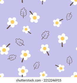 Patrón sin foco con flor de margarita y hojas de roble en la ilustración vectorial de fondo morado.