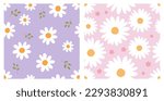 Seamless pattern with daisy flower on purple and pink backgrounds vector illustration. Cute floral print.