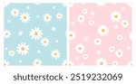 Seamless pattern with daisy flower on green mint and pink backgrounds vector. Cute floral print.