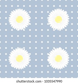 Seamless pattern daisy flower on light blue and white dot background.printing wallpaper.vector illustration