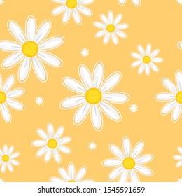 Seamless pattern with daisy flower on yellow background, flat design vector illustration.
