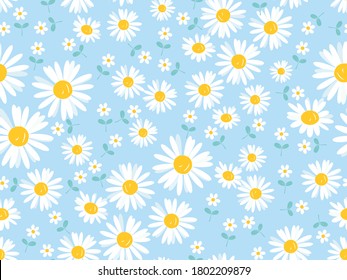 Seamless pattern with daisy flower on blue background vector illustration.