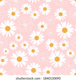 Seamless Pattern With Daisy Flower On Pink Background Vector Illustration.