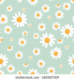 Seamless pattern with daisy flower on green background vector. Cute floral print. Flat design.