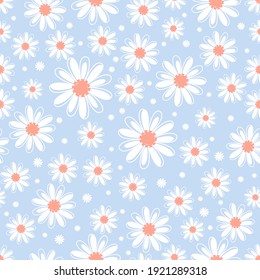 Seamless pattern with daisy flower  on blue background vector illustration. Cute floral print.