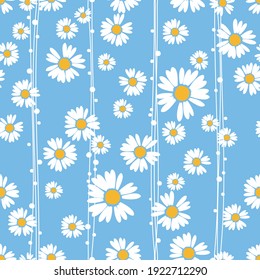 Seamless pattern with daisy flower on blue background vector illustration. Cute floral print.