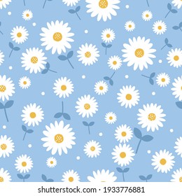 Seamless Pattern With Daisy Flower On Blue Background Vector. Cute Floral Print.