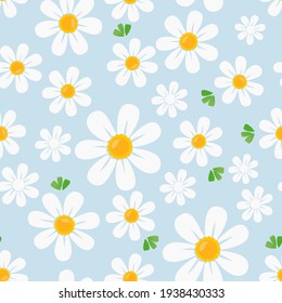 Seamless pattern with daisy flower  on blue background vector illustration. Cute floral print.