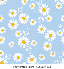 Seamless pattern with daisy flower on blue background vector illustration. Beautiful floral print.