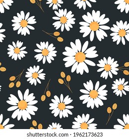 Seamless pattern with daisy flower on black background vector illustration. Cute floral print.
