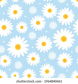 Seamless pattern with daisy flower on blue background vector illustration. Cute floral print.