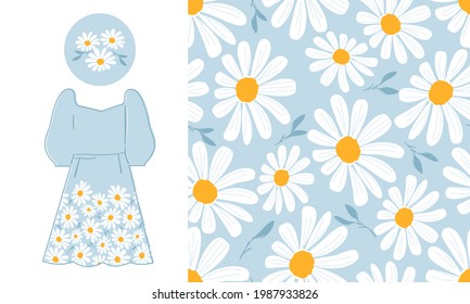 Seamless pattern with daisy flower on blue background. Women's Dress and daisy flower icons isolated on white background vector.