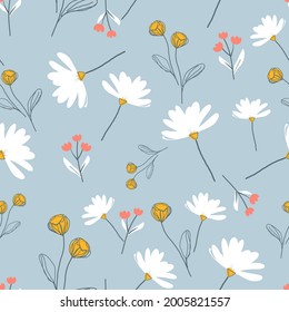 Seamless pattern with daisy flower  on blue background vector illustration. Cute hand drawn floral print.