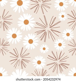 Patrón sin foco con flor de margarita en la ilustración vectorial de fondo marrón claro. Impresión floral.