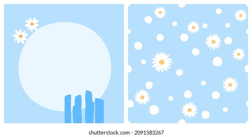 Seamless pattern with daisy flower  on blue background. Abstract blue background with round shape, hand drawn lines and daisies vector illustration.