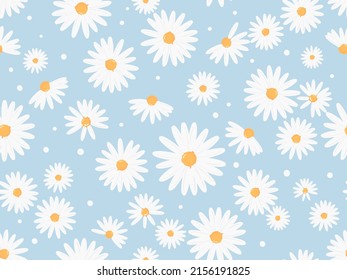 Seamless pattern with daisy flower  on pastel blue background vector illustration. Cute floral print.