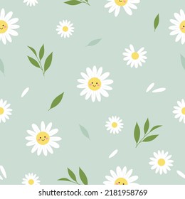 Seamless pattern with daisy flower on green background. Vector illustration.
