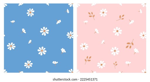 Seamless pattern with daisy flower on blue and pink backgrounds vector illustration. Cute floral print.