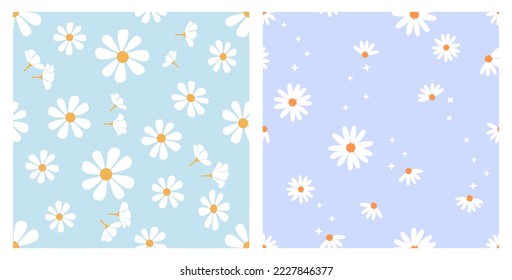 Seamless pattern with daisy flower on blue and purple backgrounds vector illustration. Cute floral print.