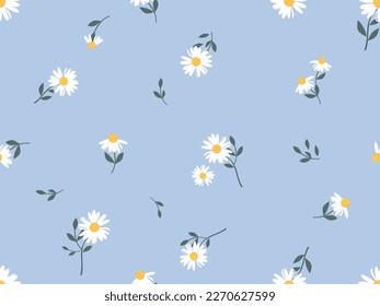 Seamless pattern with daisy flower on blue background vector illustration.
