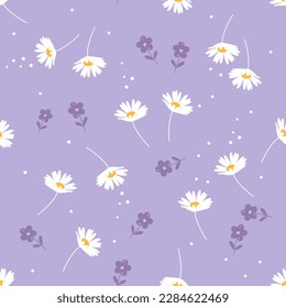 Seamless pattern with daisy flower on purple background vector illustration. Cute floral print.