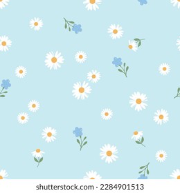 Seamless pattern with daisy flower on blue background vector illustration. Cute floral print.