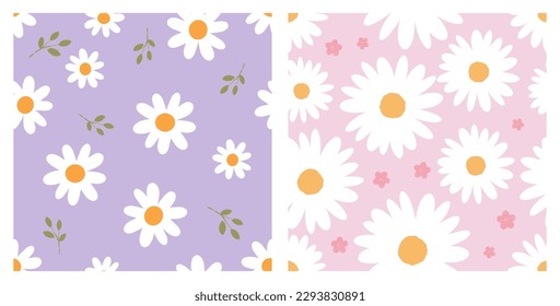 Seamless pattern with daisy flower on purple and pink backgrounds vector illustration. Cute floral print.