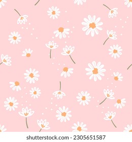 Seamless pattern with daisy flower on pink background vector illustration.