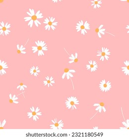 Seamless pattern with daisy flower on pink background vector illustration. Cute floral print.