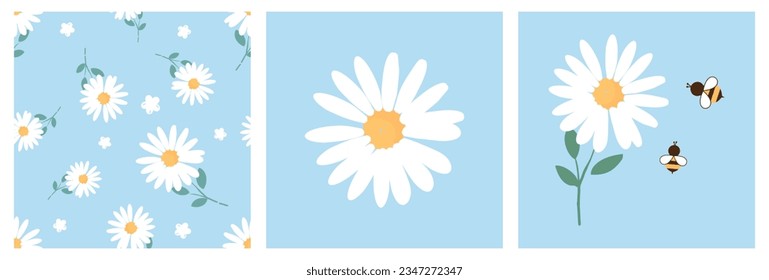 Seamless pattern with daisy flower on blue background. Daisy icon sign, daisy with green leaf and bee cartoons on blue backgrounds vector illustration. 