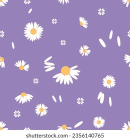 Seamless pattern with daisy flower  on purple background vector illustration. Cute floral print.