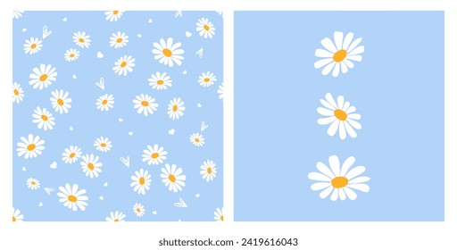 Seamless pattern with daisy flower on blue background. Daisy icon sign vector.