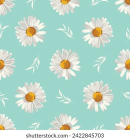 Seamless pattern Daisy flower on solid green background 