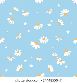 Patrón sin fisuras con flor de margarita en Vector de fondo azul. Lindo estampado floral.