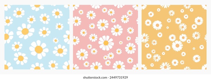 Seamless pattern with daisy flower on blue, pink and yellow backgrounds vector. Cute floral prints.