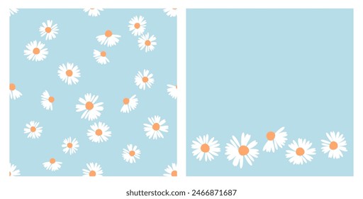 Seamless pattern with daisy flower on blue background. Daisy icon set vector.