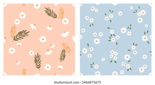 Seamless pattern with daisy flower on orange and blue backgrounds vector. Cute floral print.