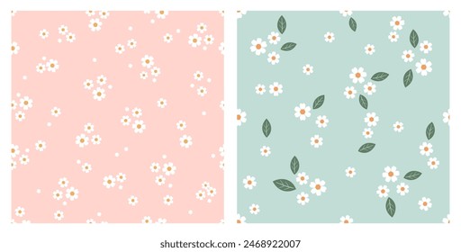 Seamless pattern with daisy flower on pink and green backgrounds vector. Cute floral print.