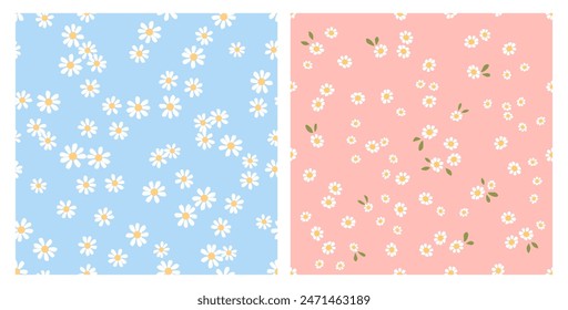 Seamless pattern with daisy flower on blue and pink backgrounds vector. Cute floral print.