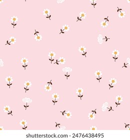 Seamless pattern with daisy flower on pink background vector. Cute floral print.