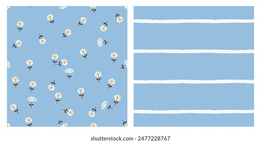 Seamless pattern with daisy flower on blue background. Seamless pattern with stripes blue white background vector. 