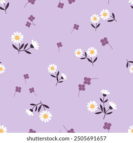 Seamless pattern with daisy flower on purple background vector. Cute floral print.