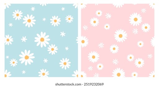 Seamless pattern with daisy flower on green mint and pink backgrounds vector. Cute floral print.