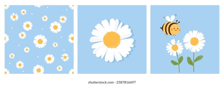 Seamless pattern with daisy flower on blue background. Daisy with green leaves and bee cartoon vector.